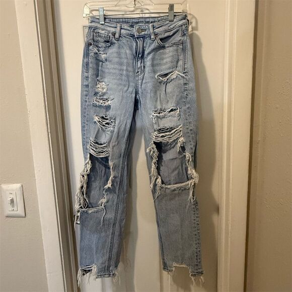 American Eagle Denim - American Eagle Women's High Rise Distressed Grunge Mom Jeans Size 0 Blue
